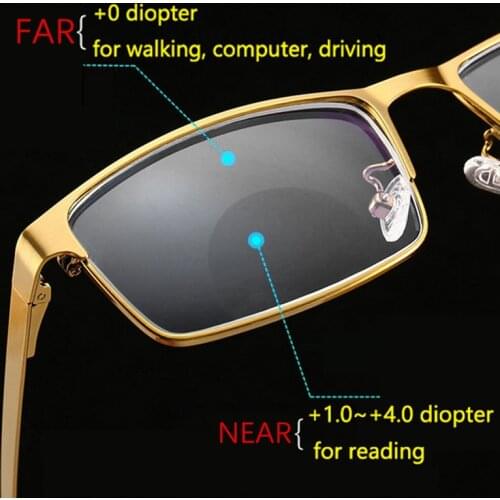 Bifocal Reading Glasses for Men Metal Full Frame Presbyopic Glasse Farsightedness Anti Blue Light Photochromic Uv Protection