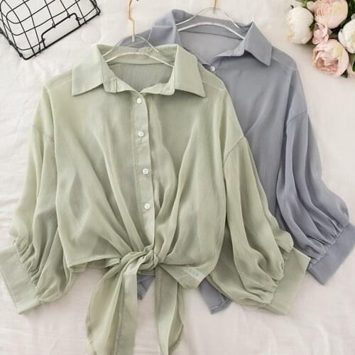 HISUMA Women Summer Lantern Sleeve Front Bandage Strap Basic Chiffon Ruffles Shirt Elegant Lady Cardigan Button Slim Blouse Tops