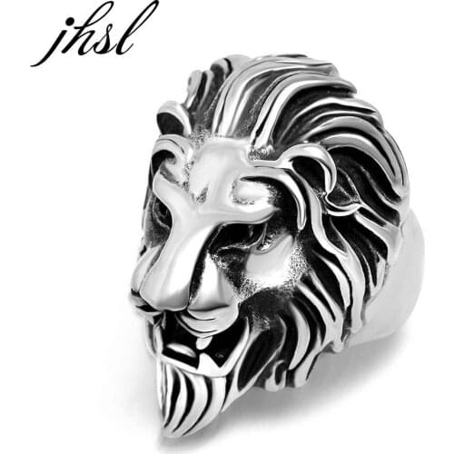 JHSL Novelty Punk Men Lion Rings Silver Color Stainless Steel Fashion Animal Jewelry Christmas Gift US Size 7 8 9 10 11 12