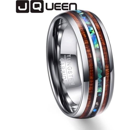 JQUEEN Hawaiian Koa acacia Wood Abalone Shell Tungsten Carbide Ring Mens Wedding Bands Multi-size Polishing Gift Ring Size 4-17