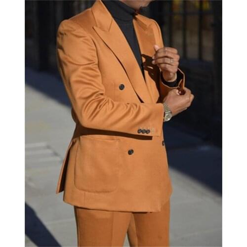 Orange Double Breasted Mens Suits Slim Fit Party Wear Two Pieces Formal Business Occasion Peaked Lapel Coat+Pant Tuxedos For Men