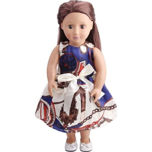 Doll clothes Navy blue printed dress toy accessories fit 18 inch Girl doll and 43 cm baby doll c146