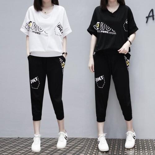 Summer Tracksuit Women Two Piece Set Casual Loose Clothes Short Sleeve V-Neck T-Shirt and Pants Sweat Suit Fashion Womens Sets