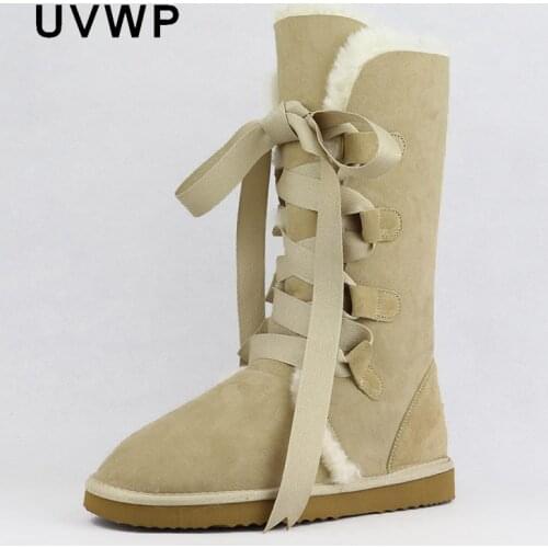 Fashion Women Long Boots Genuine Sheepskin Leather Snow Boots 100% Natural Fur Snow Boots Warm Wool Winter Boots Shoes