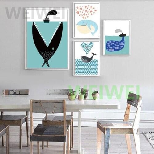 Cartoon Animal Canvas Painting Whale Nordic Poster Wall Art Picture for Nursery Kids Bedroom Living Room Home Decor