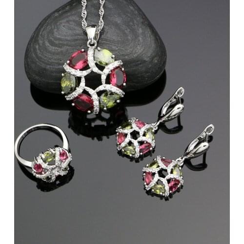 Round 925 Silver Jewelry Multicolor Cubic Zirconia White Crystal Jewelry Sets For Women Earrings Pendant Rings Necklace Set