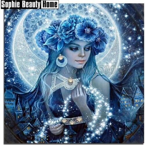 Real 5D Diamond Cross Stitch Blue Flower&Moon Diy Full Diamond Painting Beauty Princess Diamond Embroidery Needlework Art 18A141