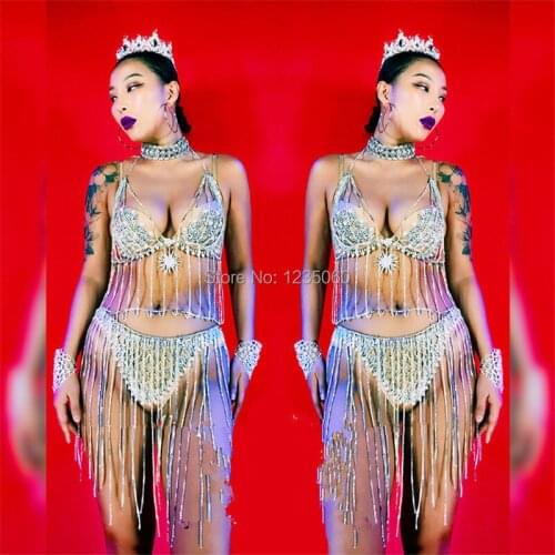 Christmas Halloween Rhinestone Bikini Suit Clothes Dance Team Womens Costumes Goddess Sexy Lady Party Event Masquerade Dress