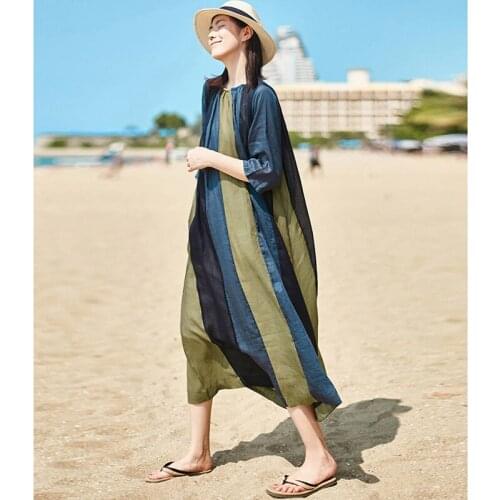 SCUWLINEN 2020 Spring Summer Women Dress O-neck Striped Long Loose Bohemia A-line Artsy Travel Ramie Dress S919