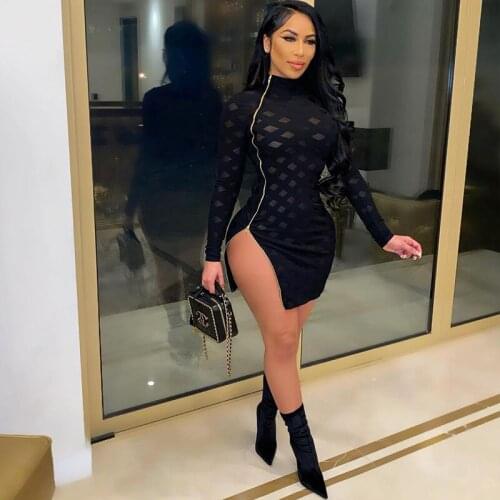 Sexy Mesh Sheer Patchwork Mini Dress Long Sleeve Zip High Split Spring Summer 2021 Women Fashion Clothes Club Dresses