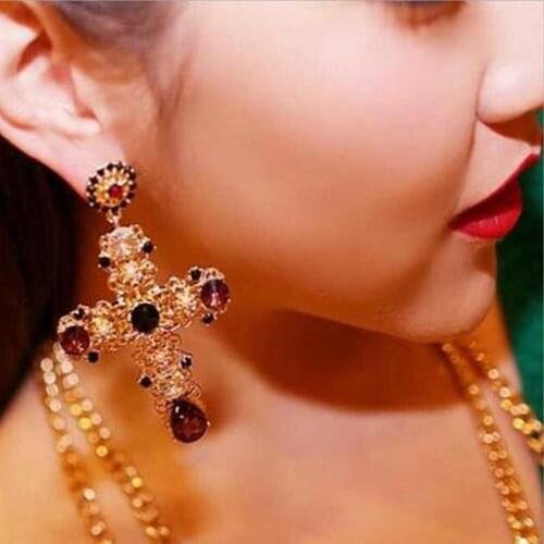 Baroque Vintage Black Luxury Crystal Hollow Cross Pendant Drop Earrings for Women Large Rhinestone Long Dangle Earrings Jewelry