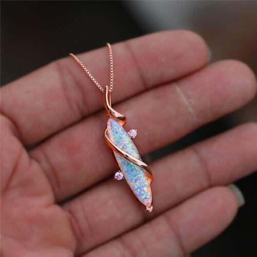 Vintage Female White Opal Wedding Necklace Rose Gold Silver Color Pendant Necklaces For Women Cute Crystal Leaf Chain Necklace