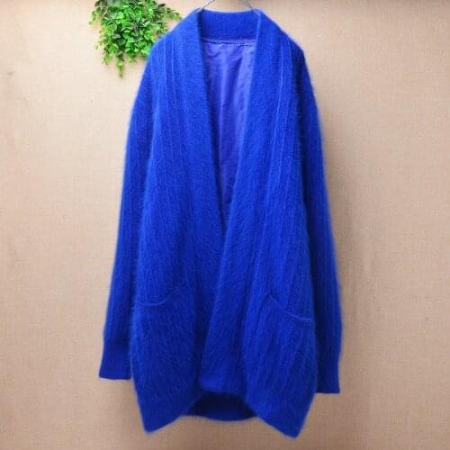 Female women plush vintage soft angora rabbit hair knitted long sleeves loose cardigans mantle autumn winter jacket coat sweater