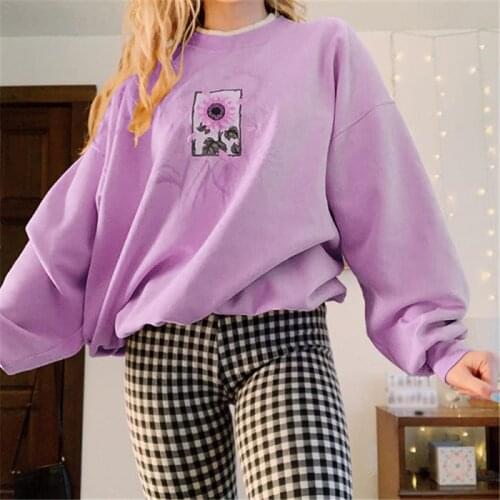 Women Clothes Kawaii Hoodie Sun Flower Casual Loose Sweatshirts Cute Print Long Sleeve Top Autumn Oversized Pullover Hoodies