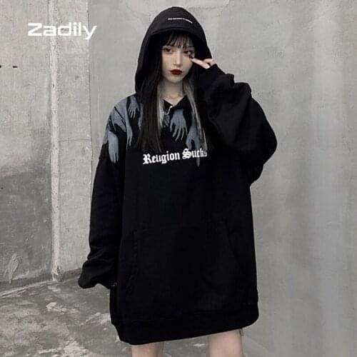 Y2K Street Oversize Demon Hand Printed Womens Hoodies Gothic Long Sleeve Loose Sweetshirt 2021 Autumn Female Pullover Clothing