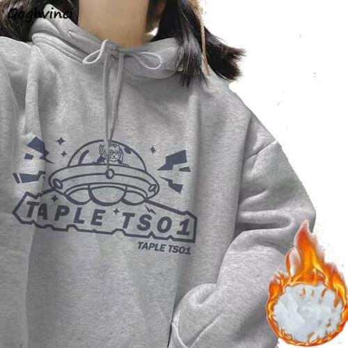 With Hat Hoodies Women Plus Velvet Leisure Printed Fall Outwear Harajuku Unisex Chic Kpop Womens Hoodie Korean Style Streetwear