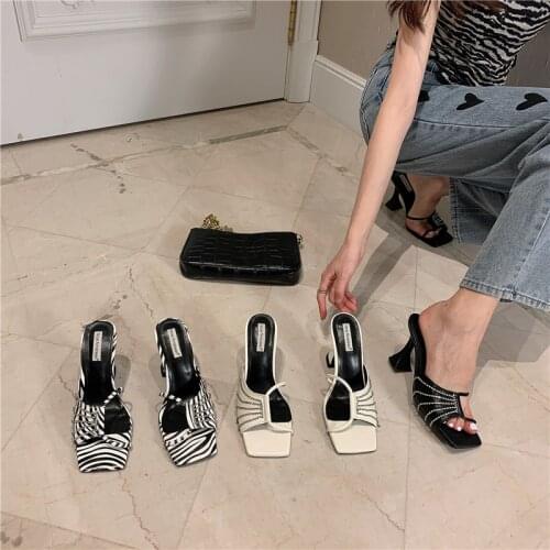 Rhinestone Women Sandals Slippers Open Toe Thin High Heels Solid Color Casual Party Pumps Summer Dress Shoes Woman Size 35-39