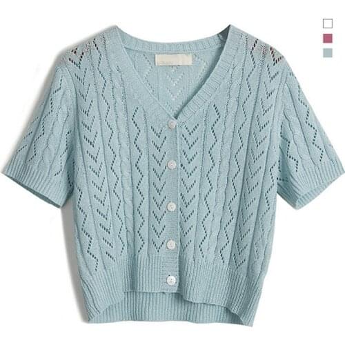 2021 Summer Thin Knitted Cardigan Women Short High Waist Hollow Out Sweater Casual Solid Color Stripe V Neck Slim Outwear Tops