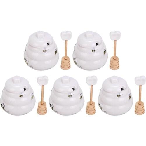 5PCS Ceramic Honey Pot Creative Jam Jar Set with Dipper and Lid for Home Kitchen Gift