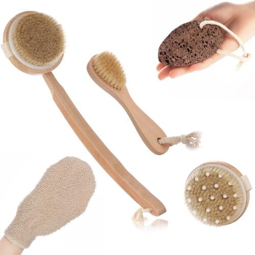 5PCS/Set Body Brush for Dry Skin Brushing Back Scrubber for Skin Exfoliating Bamboo Bath Brush And Face Cleansing Brush