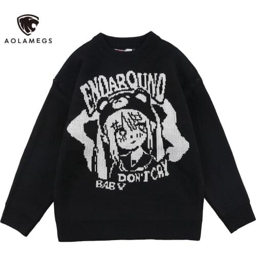 Aolamegs Sweater Men Japanese Cute Girl Cartoon Anime Knitted Pullover Couple Loose Hipster High Street Cool Autumn Men Clothing