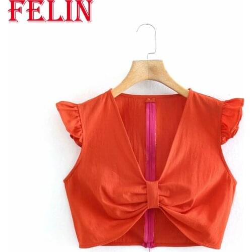 FELIN Za Chic Red Summer Blouses Short Sleeve V Neck Bow Tie Streetwear Cropped Tops Mujer Stylish Women Blusas