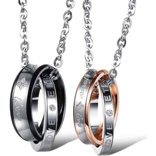 BONISKISS 2021 New Stainless Steel Forever Love Her King & His Queen Couple Pendant Necklaces Valentines Gift Jewellery