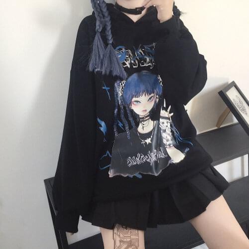 Black Cartoon Print Hoodie For Girl Autumn Fashion Japan Kawaii Women Tops Casual High Street Spring Gothic Harajuku Sweatshirts