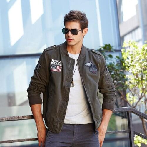 Mens Spring/Fall New 100% Cotton Jacket, Military Aviator Blazer Plus M-4XL Single Layer Jacket With Embroidered Back Collar