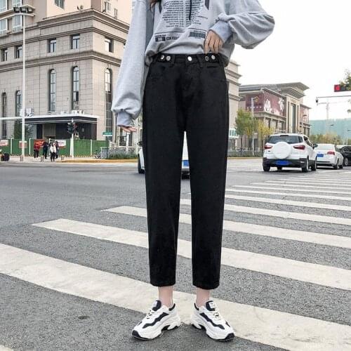Women Harem Jeans High Waist Female Waist Button Slim Loose Denim Straight Cotton Jeans Denim Harem Pants Student Autumn