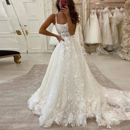 Exclusive lace A Line Wedding Dress 2021 with Straps Robe Mariage Open Back Summer Beach Elegant Tulle Bridal Gowns