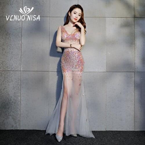 Elegant Illusion Sexy Deep V-Neck Backless Long Mermaid Slits Evening Dress Banquet Dress Clubbing Handmade Crtstal Sequins