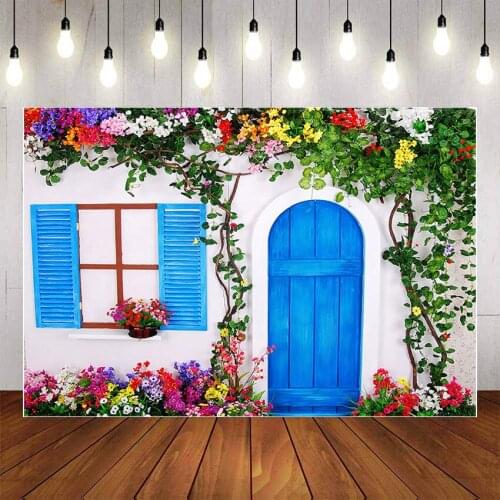 Mehofond Photography Background Vintage Blue Door Window Colorful Flowers Baby Shower Birthday Party Backdrop Photo Studio Props