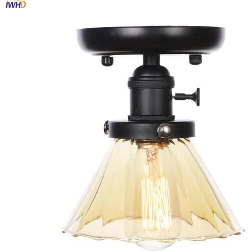 IWHD American Country LED Ceiling Lights Fixtures Living Room Porch Stair Plafonnier Black Metal Glass Vintage Ceiling Lamp Loft