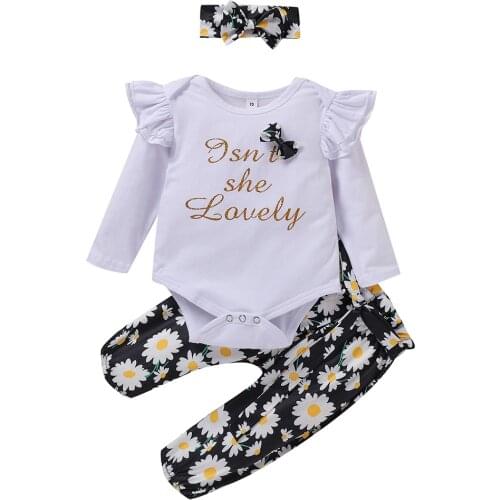Baby Girls Letter Print Clothing Set Romper Pants Headband 3Pcs Casual Outfits Spring Autumn Kids Long Sleeve Jumpsuit Set
