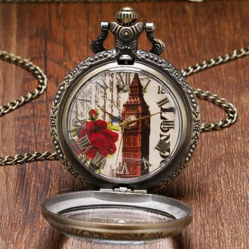 Fashion Transparent Quartz Pocket Watch Big Ben Elizabeth Tower with Beautiful Rose Patttern Lady Girl Necklace Pendant Gifts