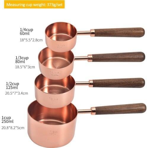 4pcs Walnut Wooden Handle Stainless Steel Measuring Cups Spoons Plated Copper Rose Gold Kitchen Baking Measuring Spoon Set