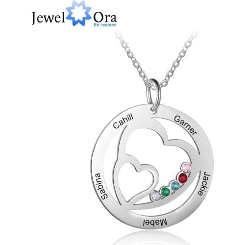 Family Gift Personalized 5 Birthstones Engrave Name Necklace Stainless Steel Heart Pendant Necklace Jewelry for Mom (NE103178)