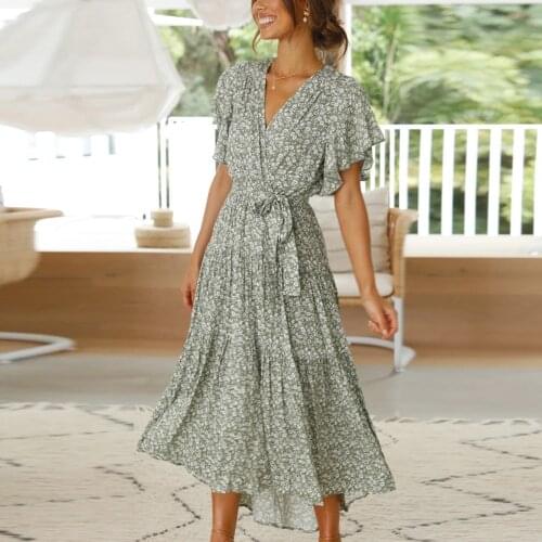 Casual Green Floral Woman Dress 2021 Summer Elegant Boho V-neck Short Sleeve Dresses For Women Fashion Ruffled Print Maxi Dress