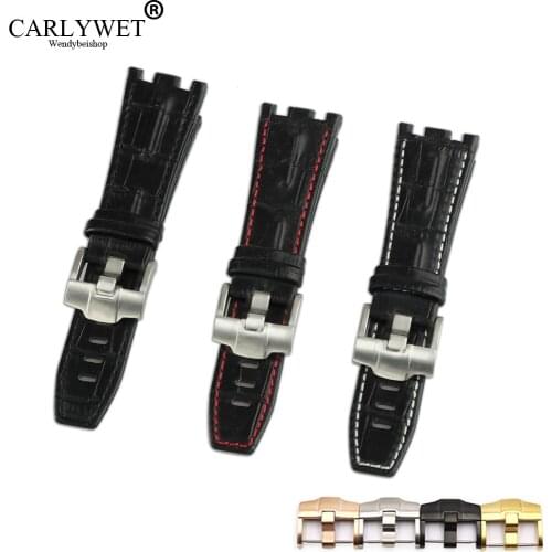 CARLYWET 28mm Real Leather Thick Wrist WatchBand Strap Belt With Brushed Buckle For Audemars Piguet 42mm Royal Oak Offshore