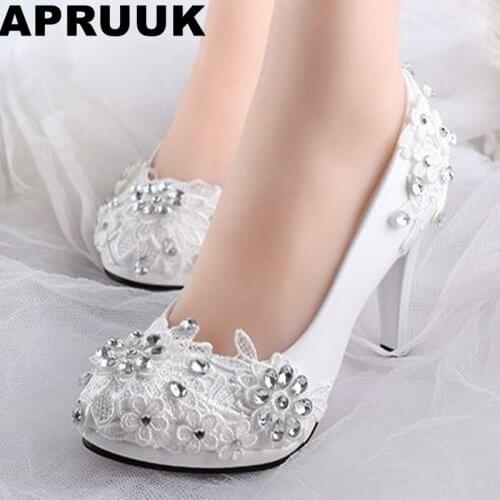 Low high heels bridal wedding shoes white rhinestones lace wedding pumps shoe for spring summer bridesmaid shoes XNA 242