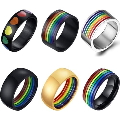 Unisex Rainbow Lines Ring Classic Stainless Steel Pride LGBTQ Wedding Band Women Mens Finger Jewerly US Size 7 - 12
