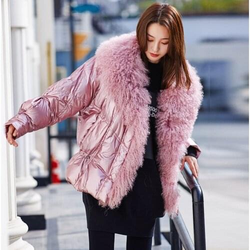 Womens Winter Silver White Duck Down Jacket Glossy New 2019 Big Real Fur Collar Pink Blue Warm Parkas For Female Short Coats