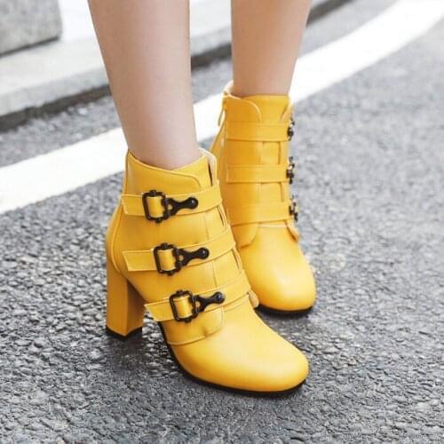 PXELENA Gothic Buckle Punk Ankle Boots Women Shoes 2019 Autumn Winter Black White Yellow Block High Heels Lady Large Size 34-43