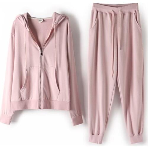 Plus Size Sporting Two Piece Set Women 2021 Spring Zipper Hooded Long Sleeve Tops + Loose Casual Sportswear Womens Clothing