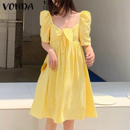 Women Elegant Puff Sleeve Dress 2021 VONDA Pleated Summer Sundress Bow Square Neck Plaid Midi Dress Beach Vestido Plus Size 5XL