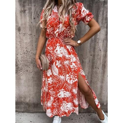 Summer Dress Women Floral Print Dresses Sexy Split Beach Dress For Women Clothing Bohemian Midi Dress Female Vestiods Femme Robe