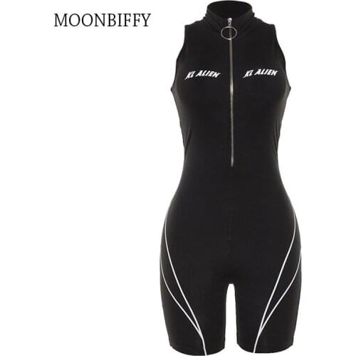 Women Sexy Sleeveless Turtleneck Zipper Body Pant Female Letter Printed Slim Sports Jumpsuit