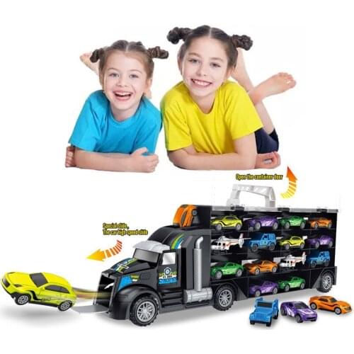 10 Cars 2 Helicopter Cargo Container Truck Vehicles Models Storage Toys for Boys Parking Tower Scale Carry Case Box Montessori