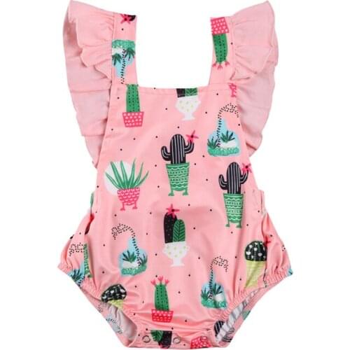 2021 Summer Fashion Infant Baby Girls Clothes Bodysuits Cactus Print Sleeveless Cotton Button Jumpsuits